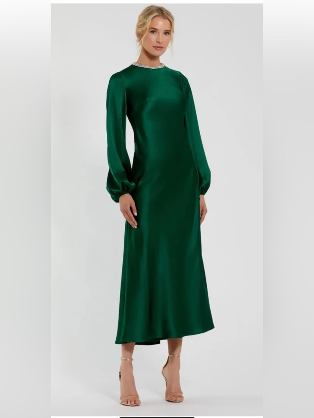 Mac Duggal Emerald Long-Sleeve Satin Midi Dress